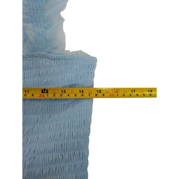 Trixxi Blue Maxi Dress, Ruffled Straps, Smocked Bodice, Size L, Polyester Mesh. - Picture 6 of 7
